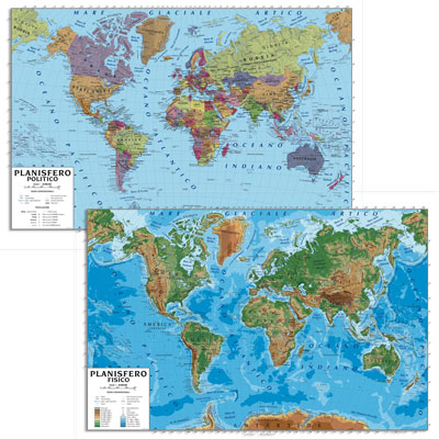 Carta geografica murale planisfero mondo 100x140 scolastica bifacciale  fisica e politica